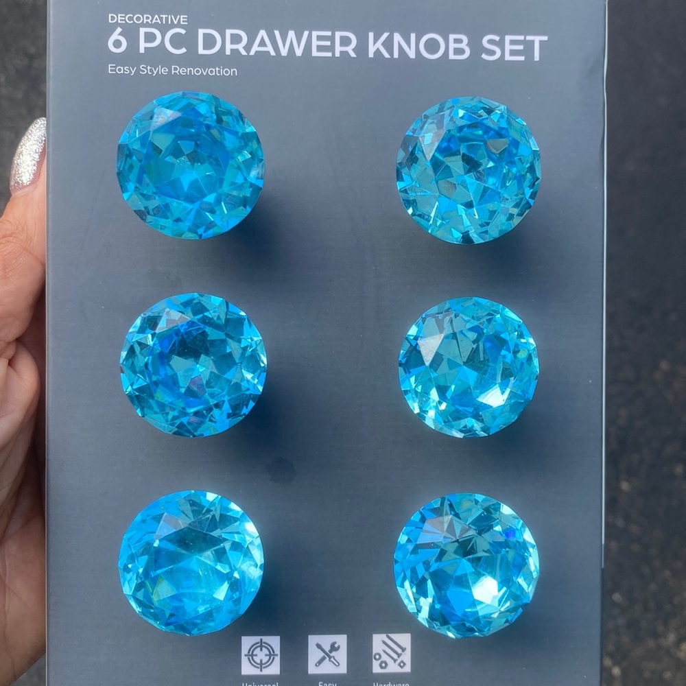 6pc Drawer Knob Set Blue Bling Diamond Crystal NEW! NWT